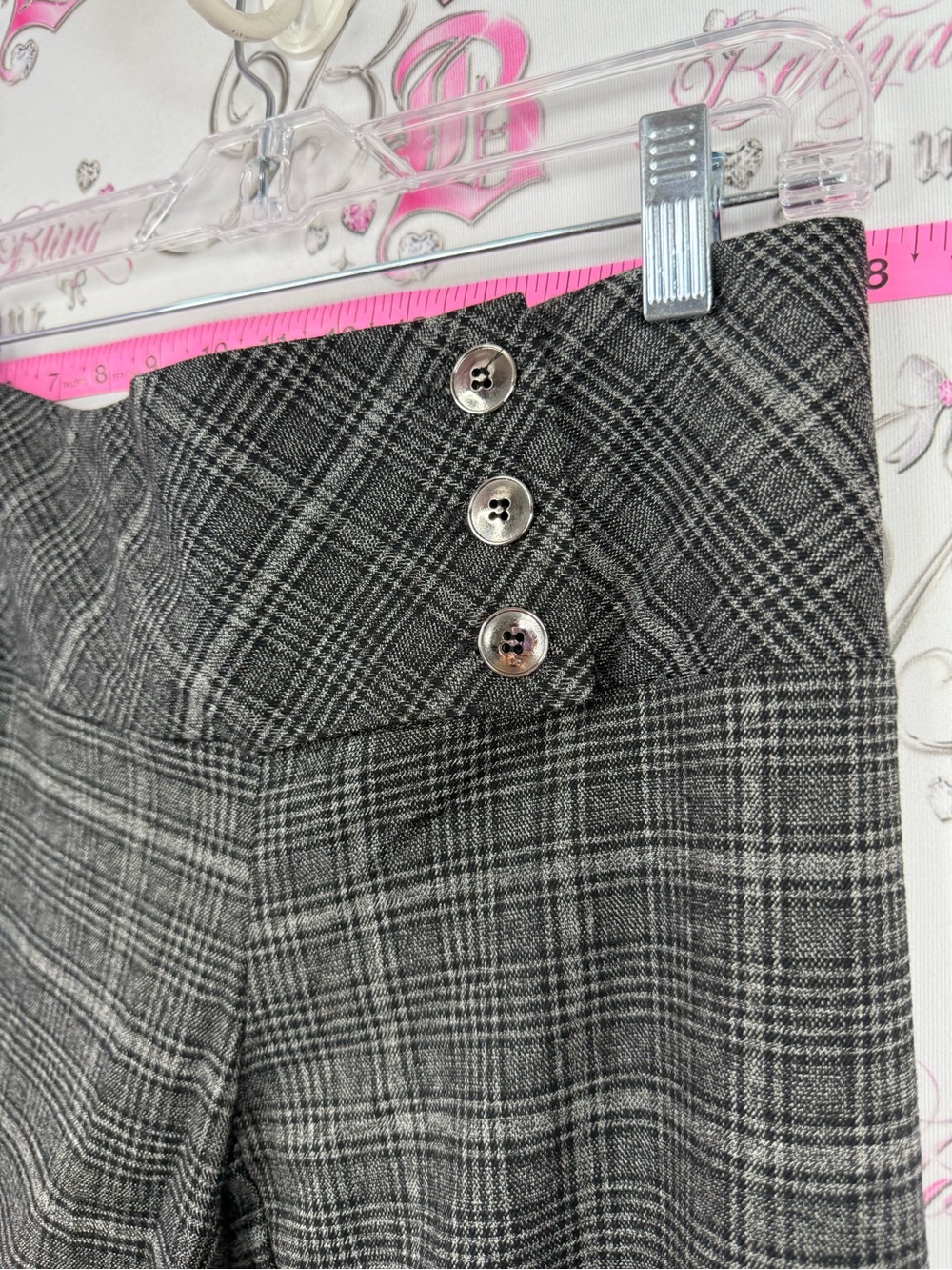 SEDUCTION pants flare leg buttons y2k Plaid High-Rise Flared Trousers — Gray - Picture 5 of 9